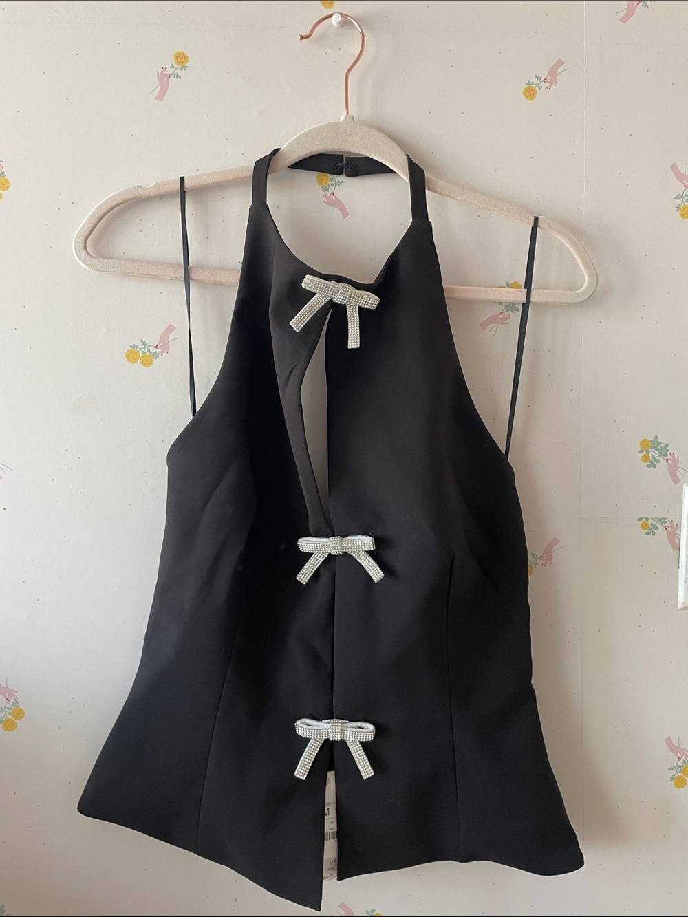 Zara Black Halter Top with Crystal Bow Accents